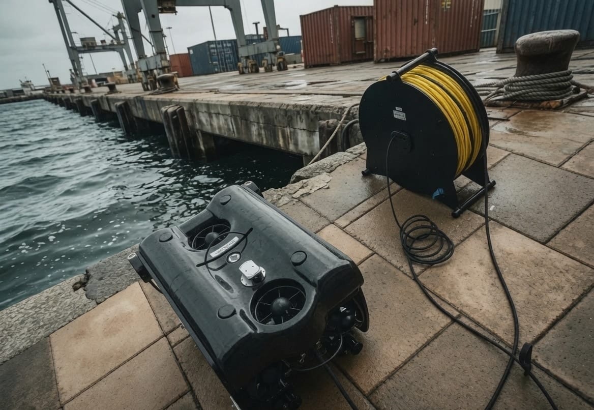 The ROV and its tether reel staged at the waterline before deployment