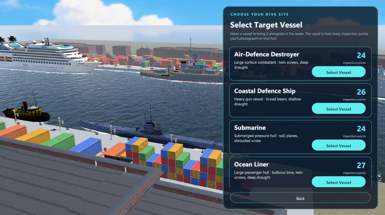In-game vessel selection screen: the harbour with the Select Target Vessel roster listing destroyer, coastal defence ship, submarine and ocean liner