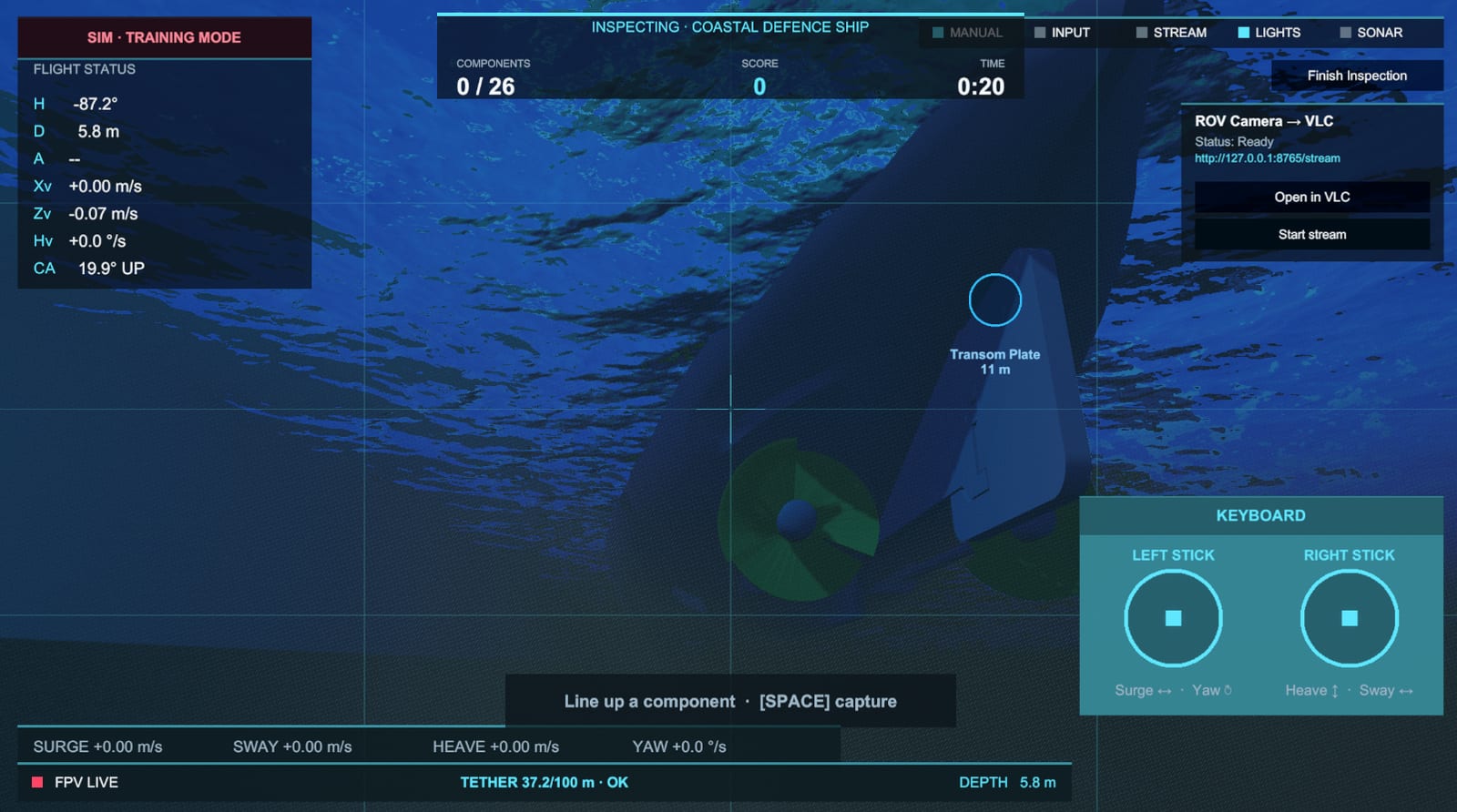 The in-game mission HUD: flight status telemetry, inspection checklist 0 of 26, capture prompt, virtual sticks and the ROV camera stream panel
