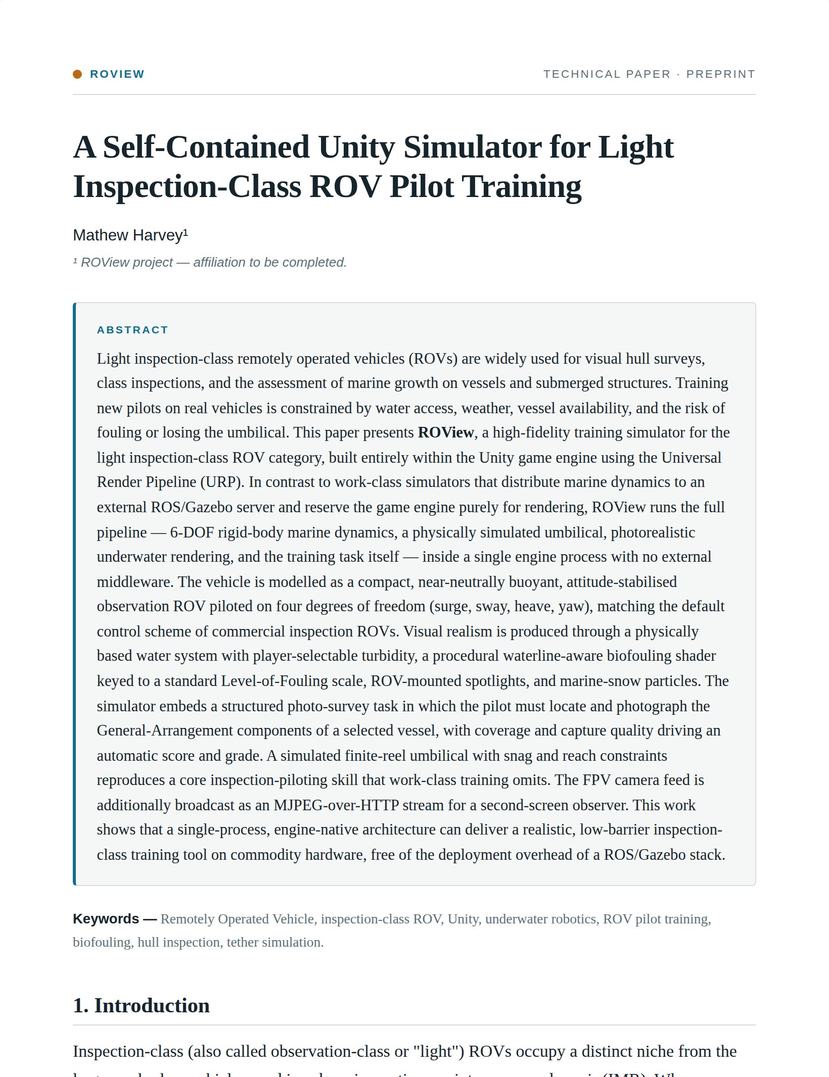 First page of the technical paper: A Self-Contained Unity Simulator for Light Inspection-Class ROV Pilot Training