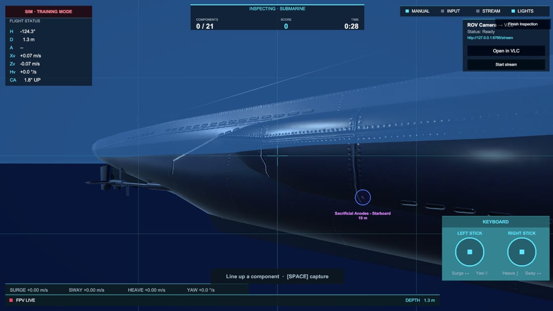 An in-sim hull survey rendered at high selected visibility (clear water)
