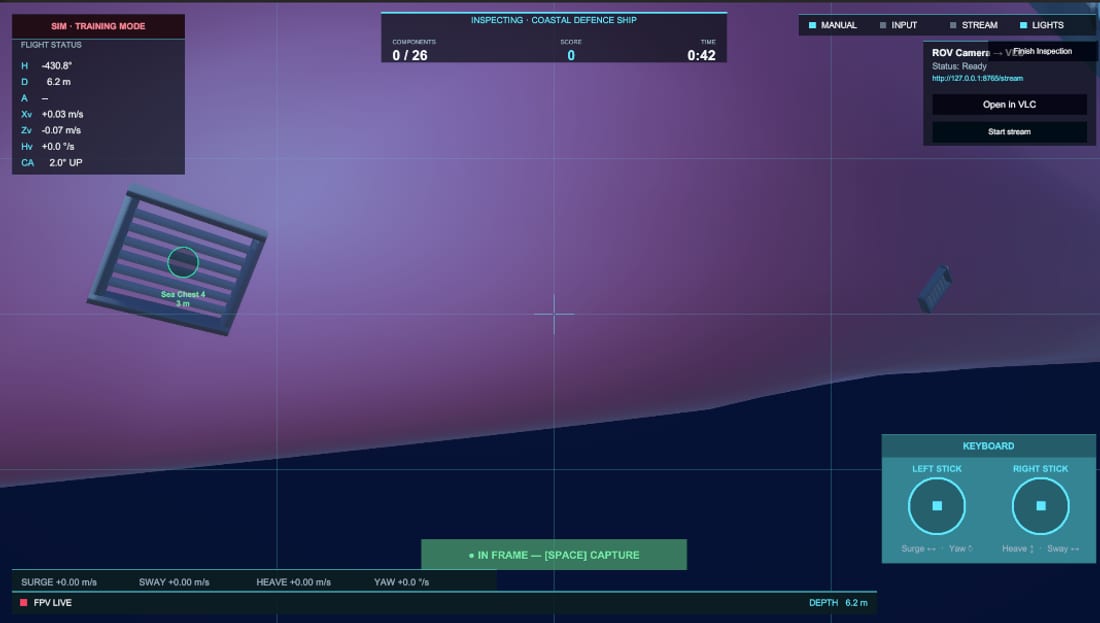 A comparable in-sim hull survey rendered at low selected visibility (murky water)