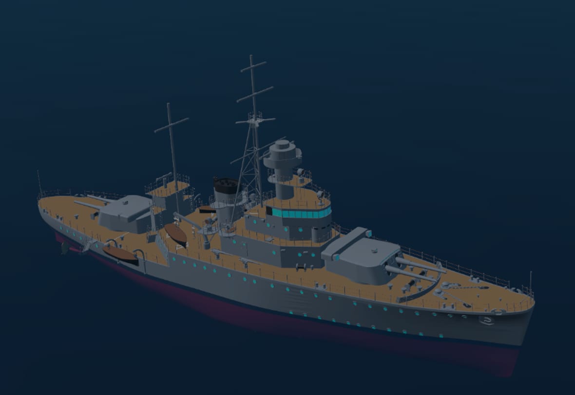A coastal defence ship hull at depth, inspection points marked along the lower hull and waterline